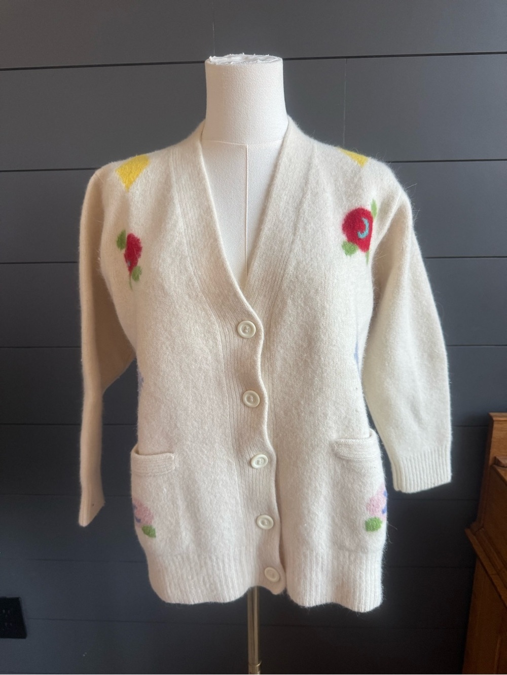 Cream Embroidered Whimsical Warm Cottagecore Grandma Cardigan Sweater